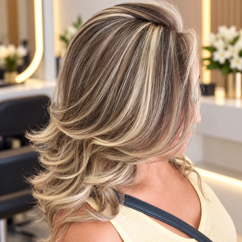 Mechas loiro em cabelo com camadas e ondas