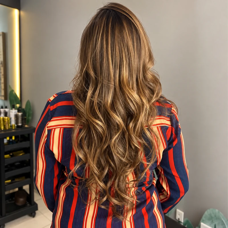 Cabelo moreno iluminado com ondas e reflexos dourados